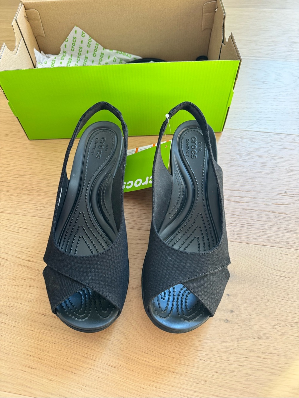 CROCS Black Slingback Peep-Toe Wedge Sandals for Women